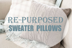 Re-purposed sweater pillows on a couch
