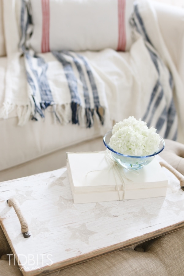 Patriotic star spangled wood tray, made from a potato stamp and an old piece of wood! Subtle touches of patriotism.