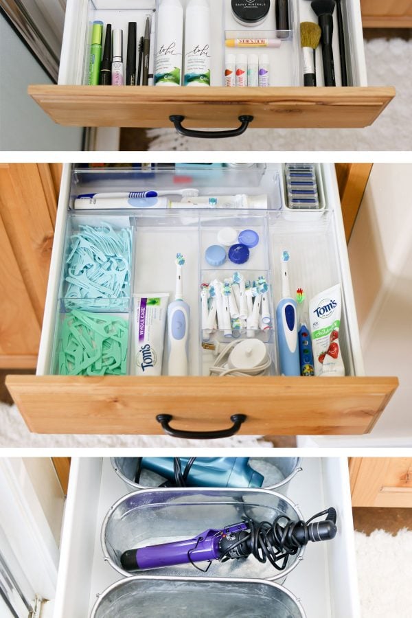 Supplies, tips and ideas for organizing bathroom drawers and cupboards.
