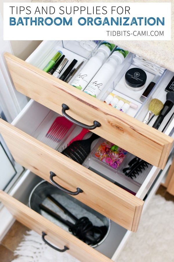 Supplies, tips and ideas for organizing bathroom drawers and cupboards.