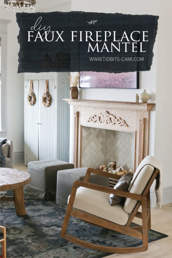 living room furniture in front of faux fireplace with text overlay for Pinterest