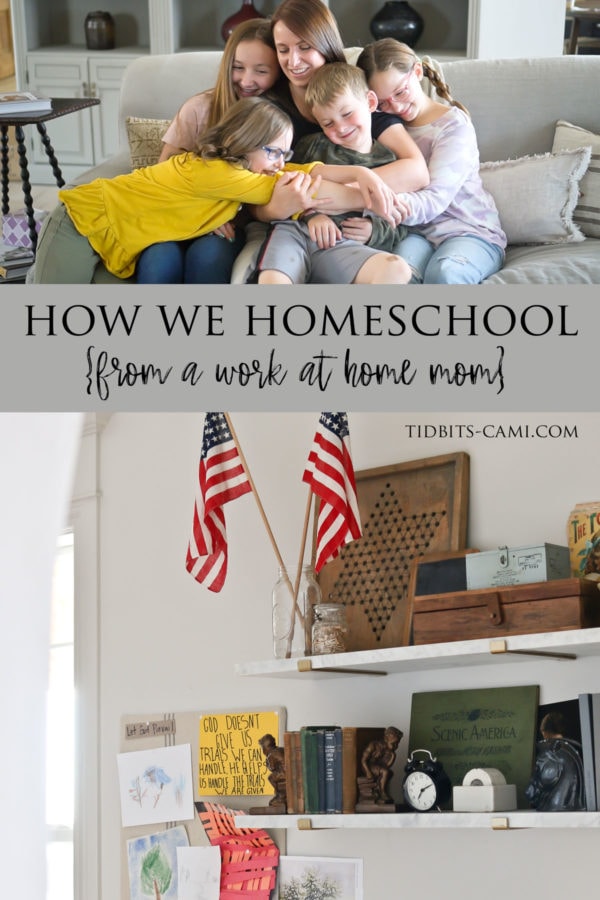 collage of family members hugging with book shelf books and decor with text overlay for Pinterest