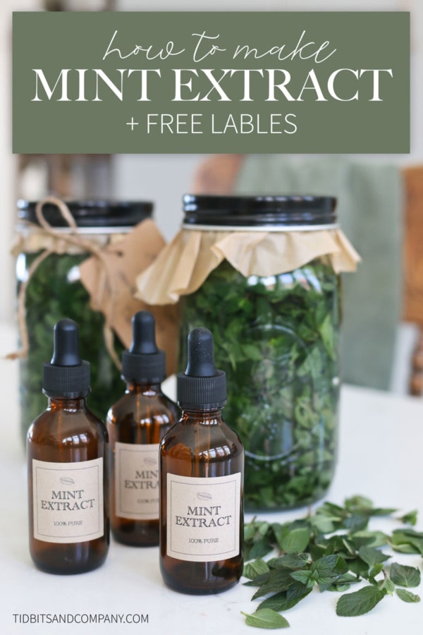 Text of "how to make mint extract + printable labels" over a picture of jars filled with mint leaves and brown bottles of mint extract