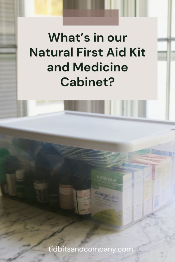 A plastic tote holds natural first aid and medicine supplies