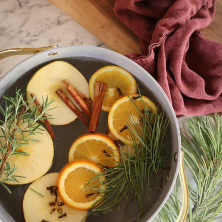 A simmer pot or stovetop potpourri with fruit slices, cinnamon sticks and evergreen sprigs