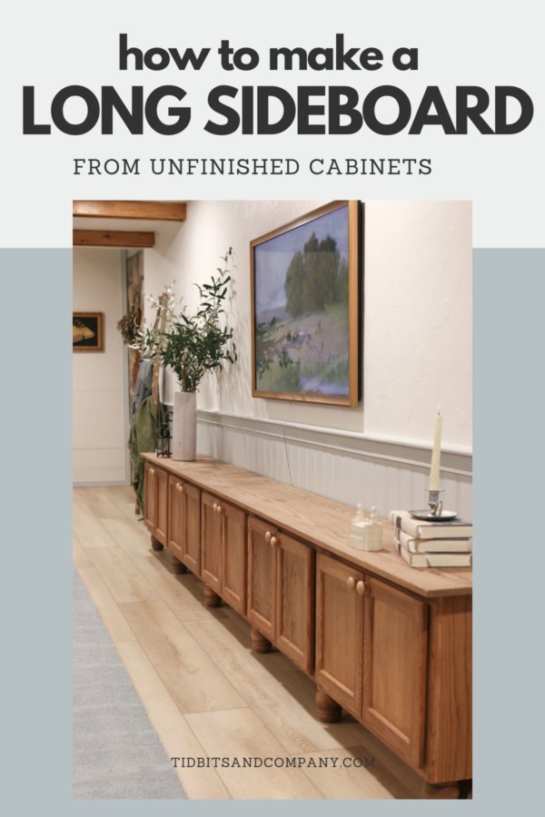 A long sideboard cabinet has been custom-made from unfinished cabinets