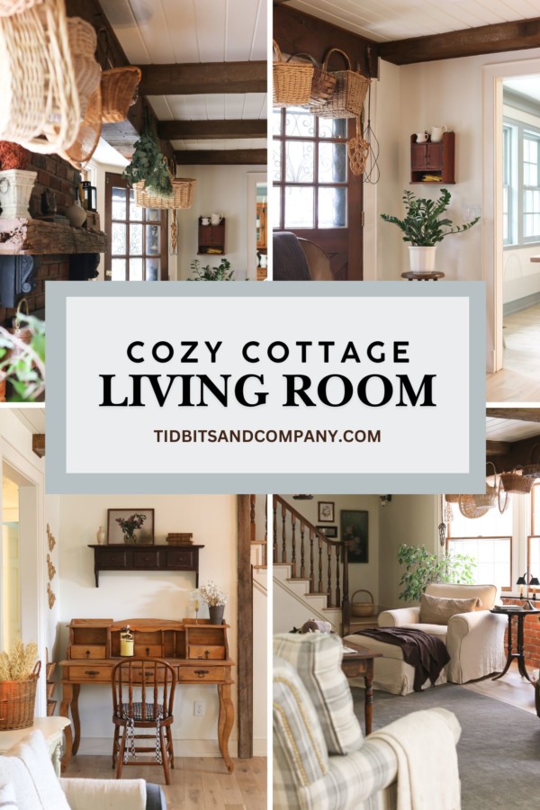 A collage of photos that feature the interior of a cozy cottage living room