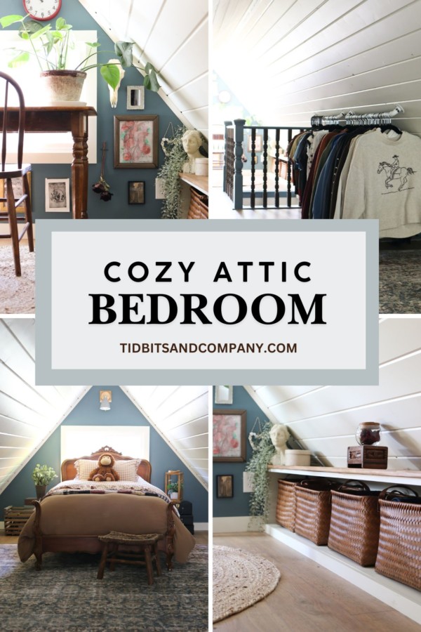 A collage of pictures featuring an attic bedroom with steeply sloped ceilings