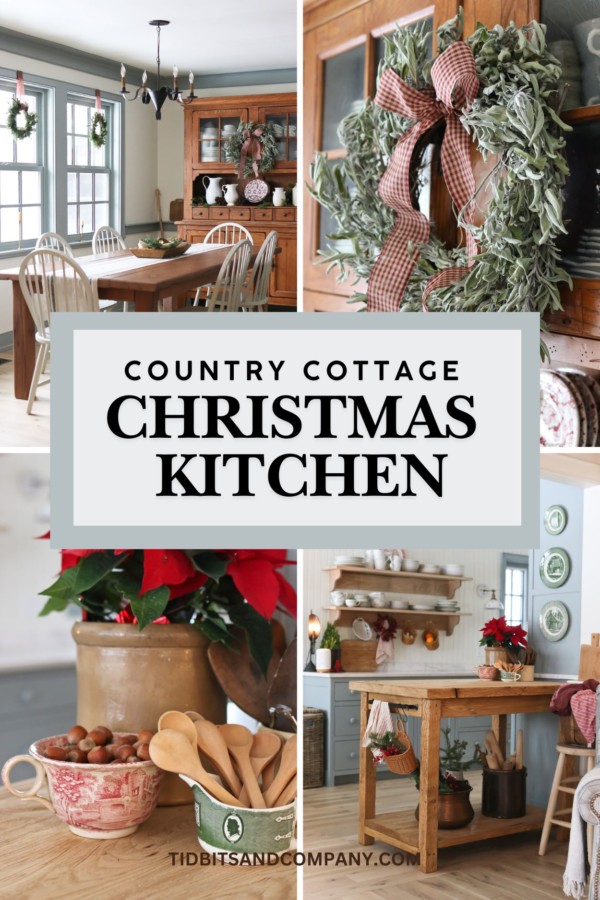 A collage of images featuring a country cottage interior decorated for Christmas
