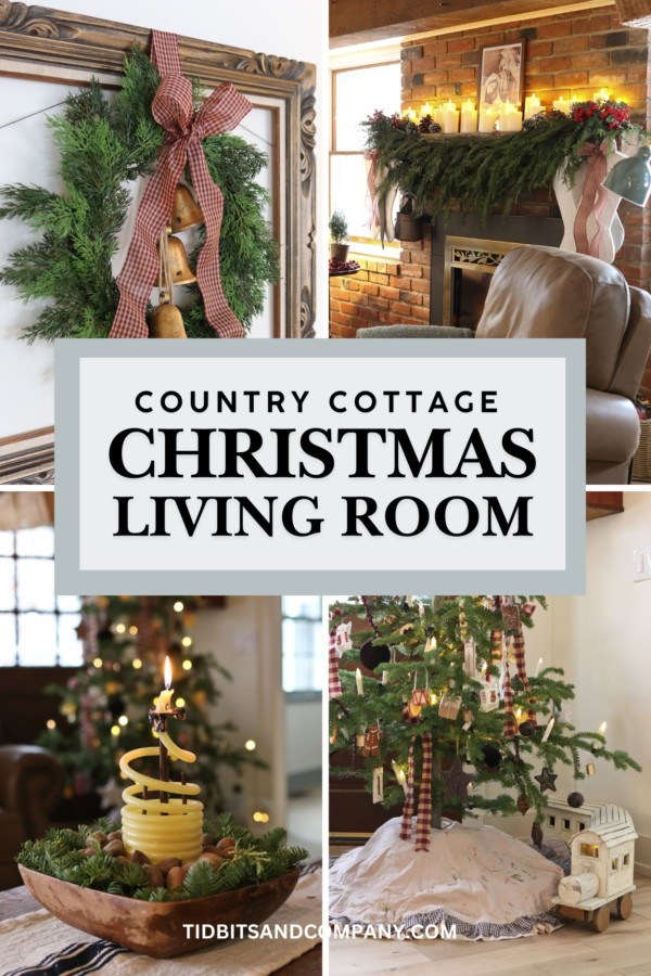 A collage of pictures featuring a country cottage living room at Christmas
