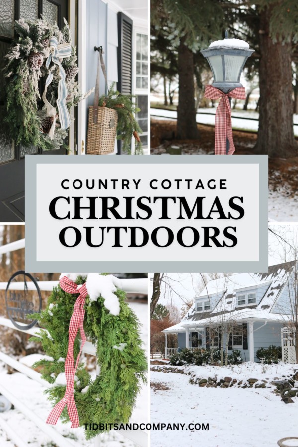 A collage of images featuring the exterior of a cottage home that is decorated for Christmas