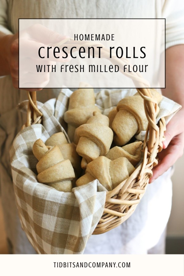 Someone holds a basket filled with homemade crescent rolls made with freshly milled flour