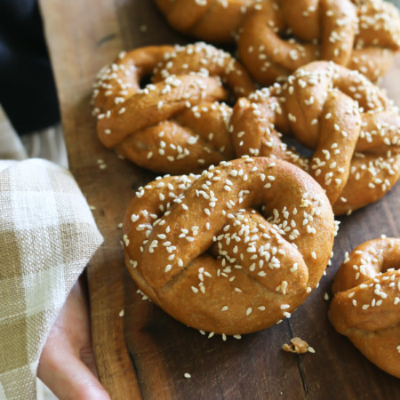 An arrangement of homemade whole grain pretzels made with freshly milled flour
