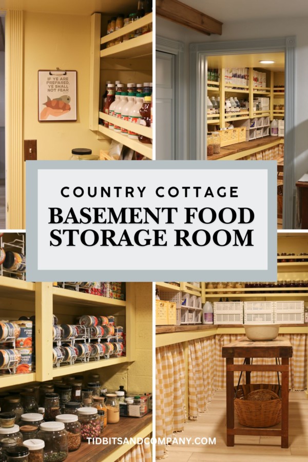 A collage of pictures showing a food storage room with yellow shelving, yellow gingham curtains, and rows of organized food storage