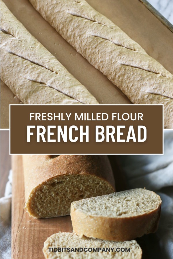 A collage of images showing homemade French bread dough and a loaf of cooked and sliced french bread