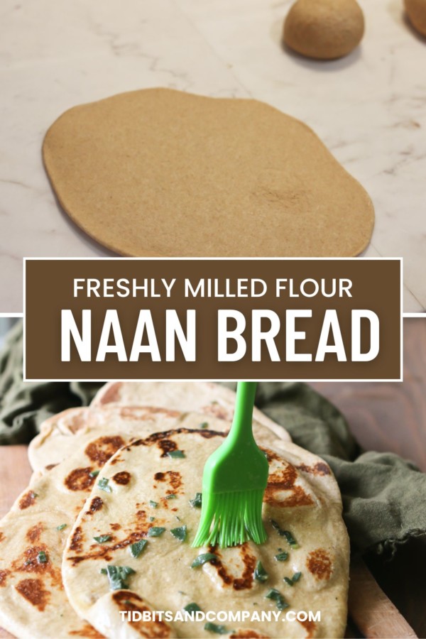 A collage shows an image of unbaked naan bread dough and a stack of freshly baked naan flatbread made from fresh milled flour