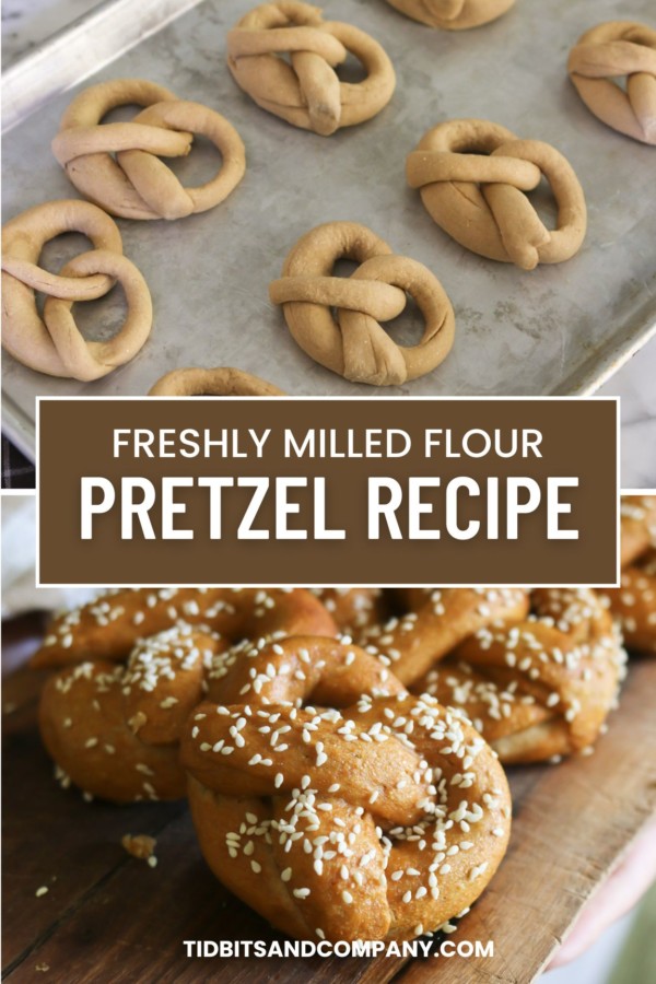 A collage shows homemade pretzel dough formed into knots as well as a few freshly baked pretzels with course salt