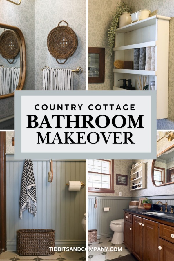 A collage of images featuring a country cottage bathroom