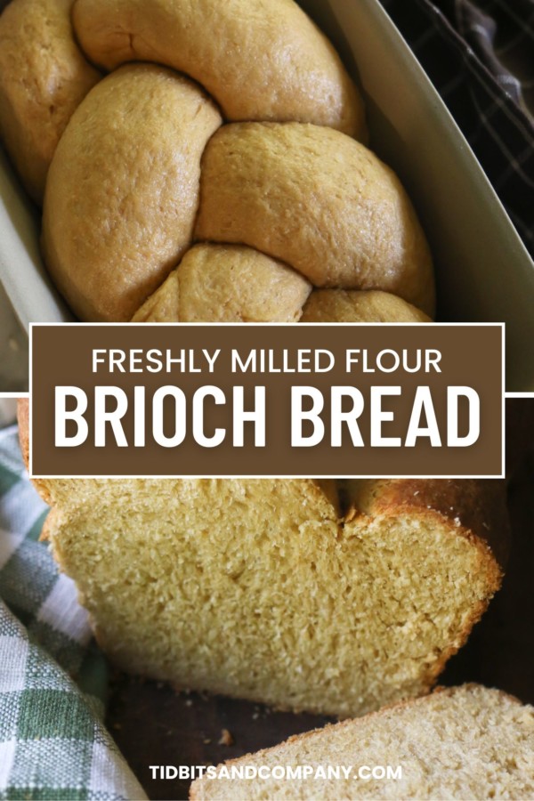 A whole loaf of brioche bread seen from the top and a view of a slice of brioche bread