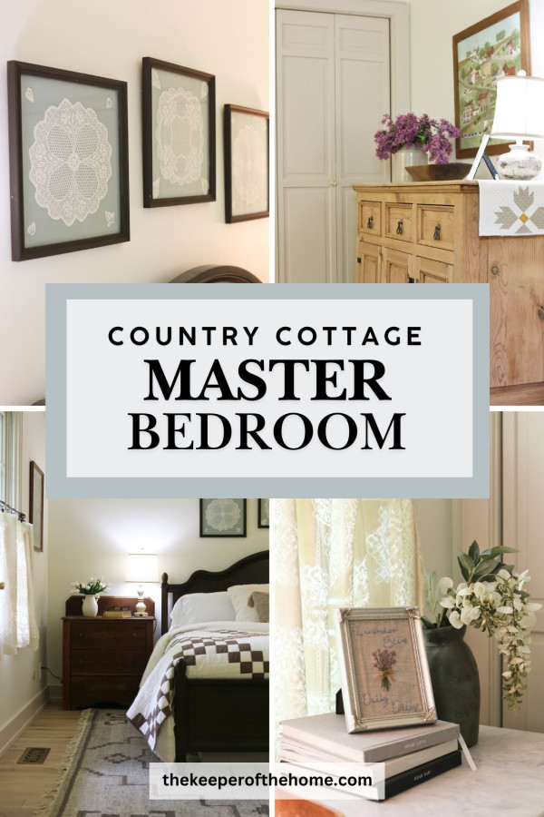A collage of images featuring a country cottage master bedroom