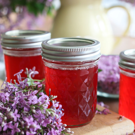 Jars hold pink jelly made from a lilac jelly recipe