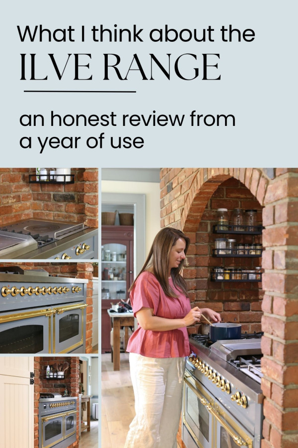 A collage of pictures featuring an Ilve kitchen range in a cottage kitchen