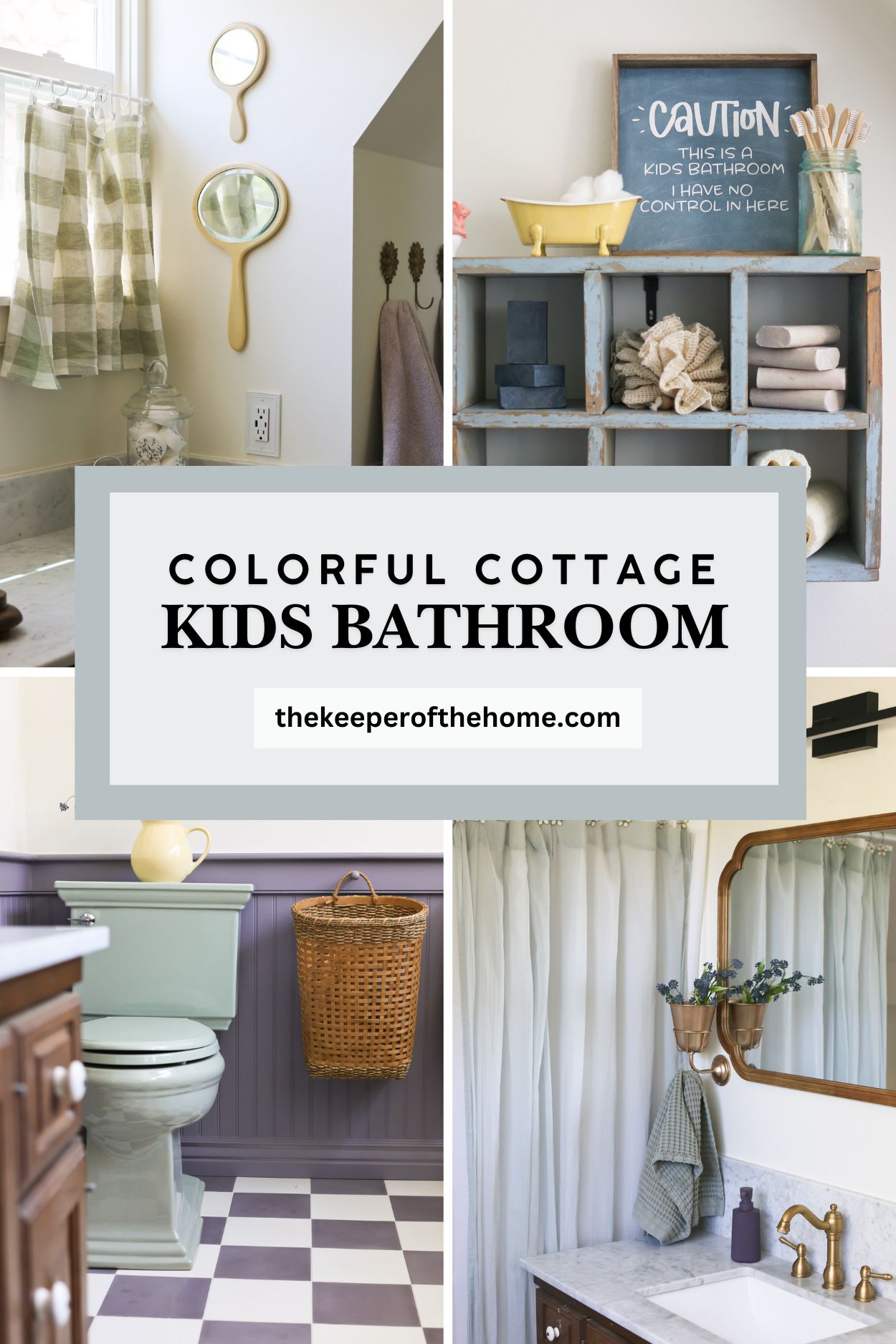 A collage of images featuring a colorful cottage bathroom