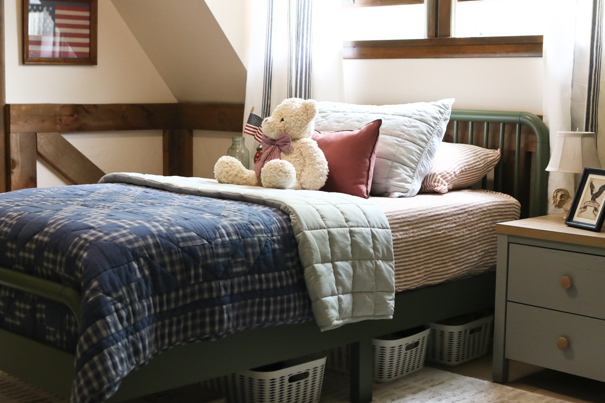 Red white and blue colors are used in the bed linens of a patriotic boys bedroom as Americana decorating ideas