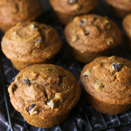 Several pumpkin chocolate chip muffins are arranged together to cool after baking