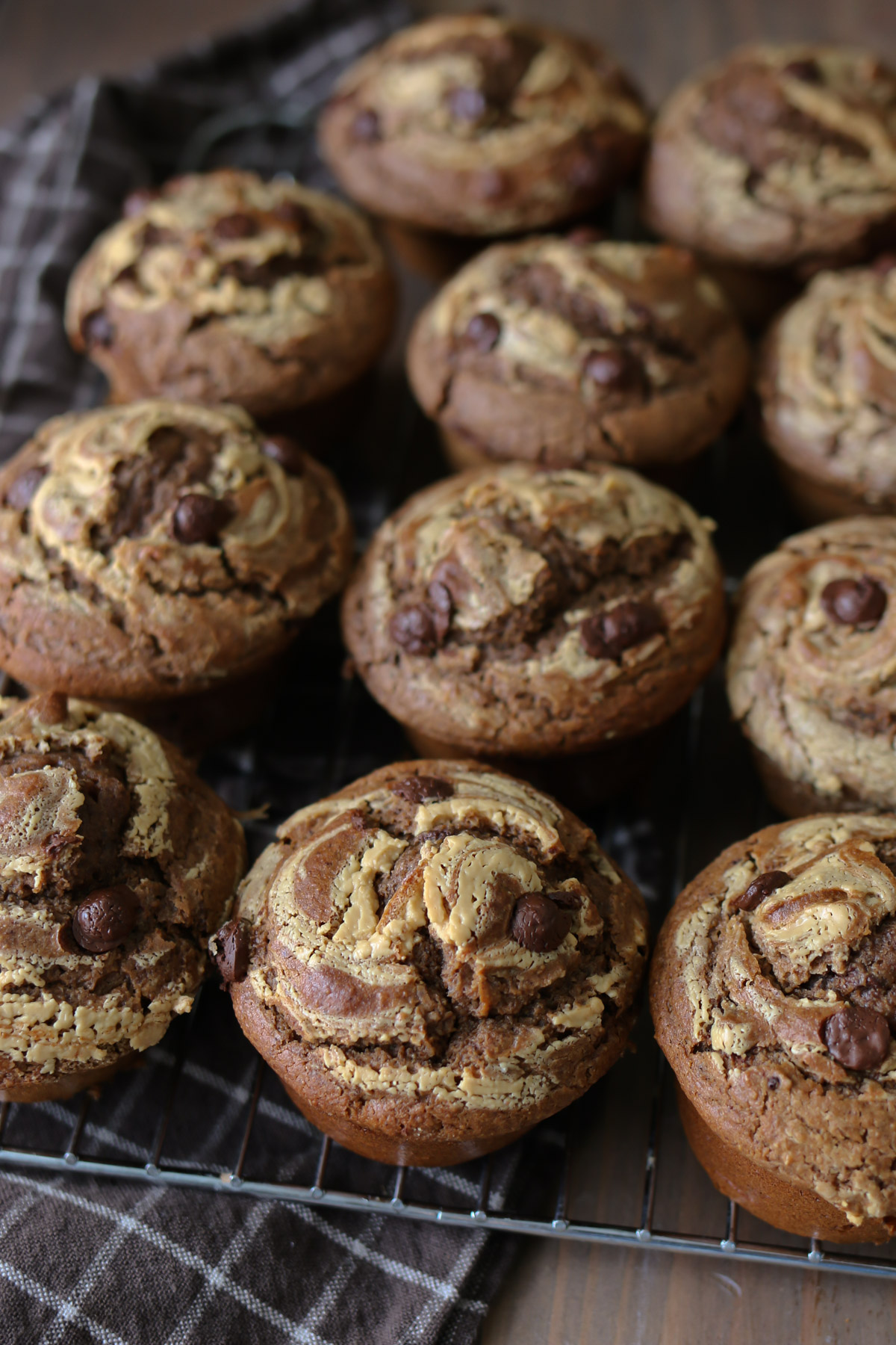 Several peanut butter chocolate muffins are arranged together after baking