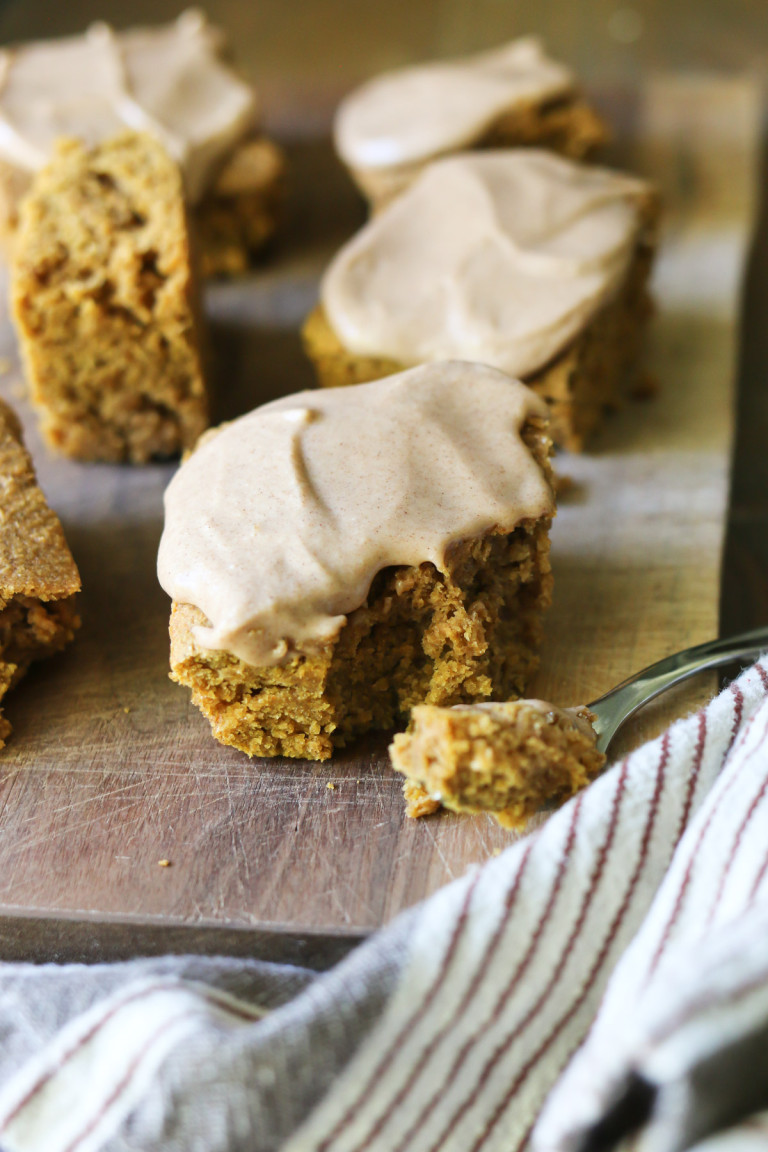Slices of healthy pumpkin cake made with fresh milled flour and natural sugars